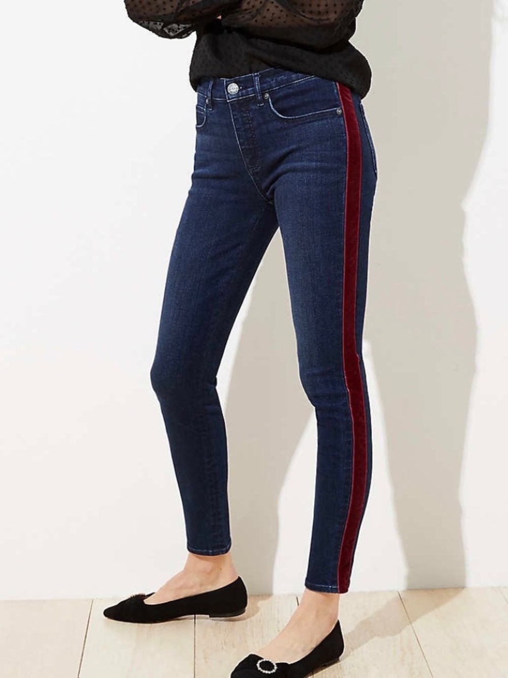 LOFT Velvet Stripe Slim Pocket Skinny Jeans in Rich Dark Indigo Wash